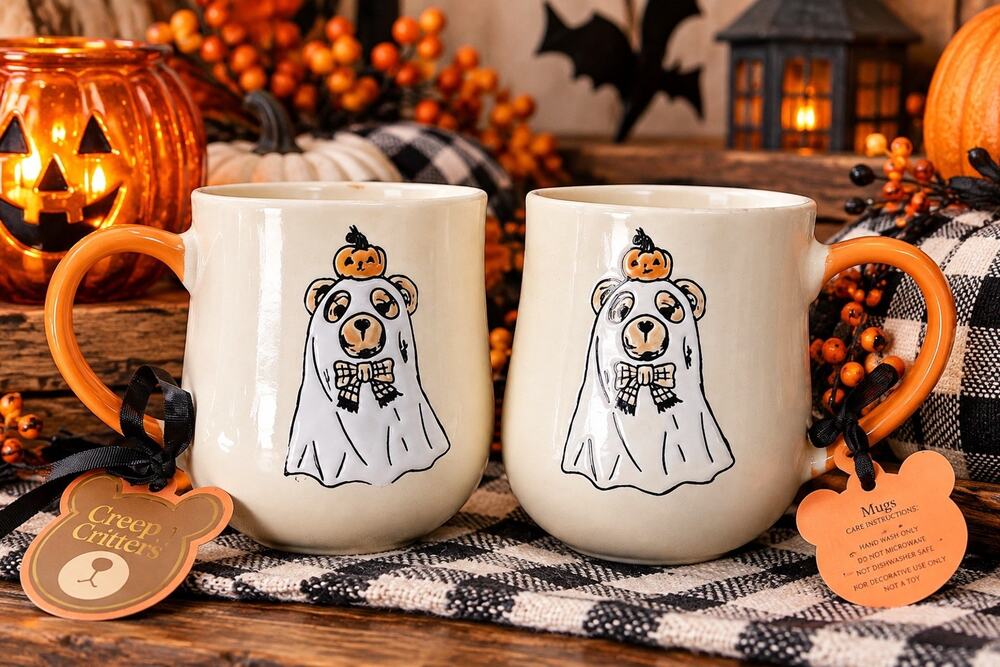 Creepy Critters Halloween Ghost Teddy Bear Pumpkin Coffee Mugs Set of 2 NWT